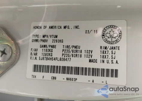 2015 Acura Rdx Technology from USA, damaged, VIN 5J8TB4H54FL806477